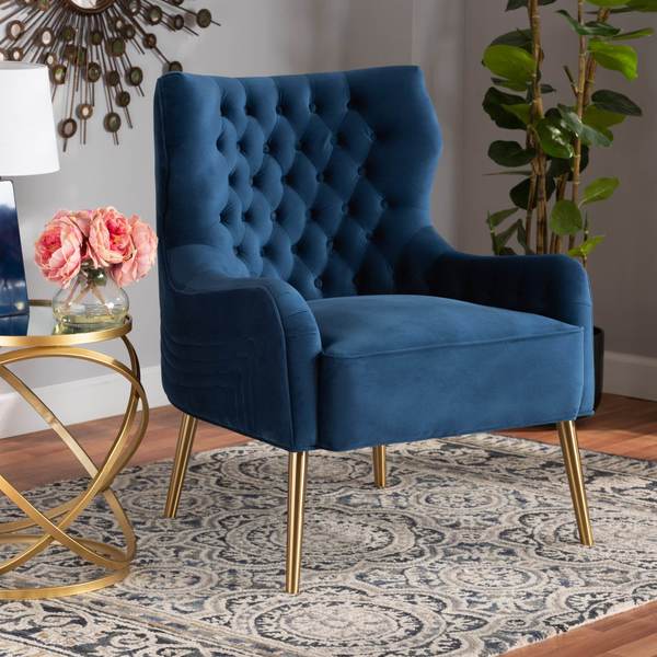 Baxton Studio Nelson Modern Luxe and Glam Navy Blue Velvet Fabric Upholstered and Gold Finished Metal Armchair 190-11546-ZORO